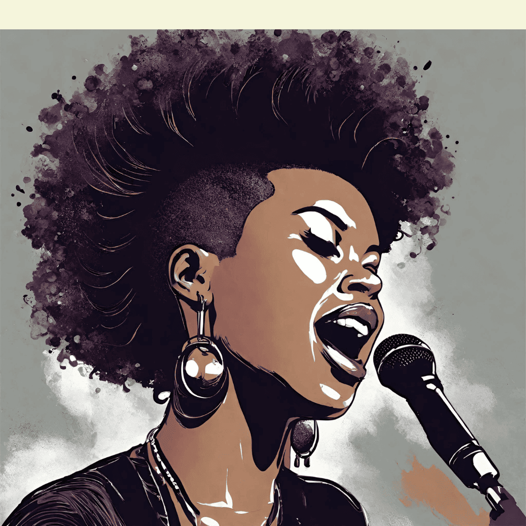 an image of a black woman with a mohawk singing.