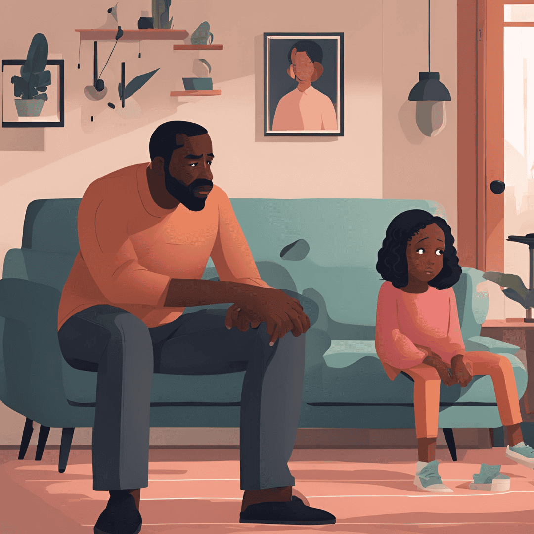 an image created by AI from Canva black father and daughter watching TV.