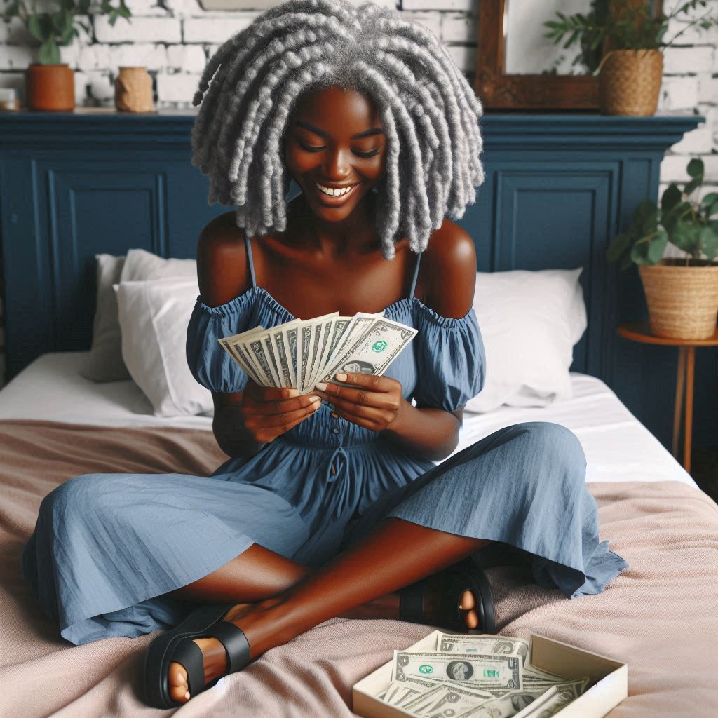 ai generated image of black woman smiling and counting her money.