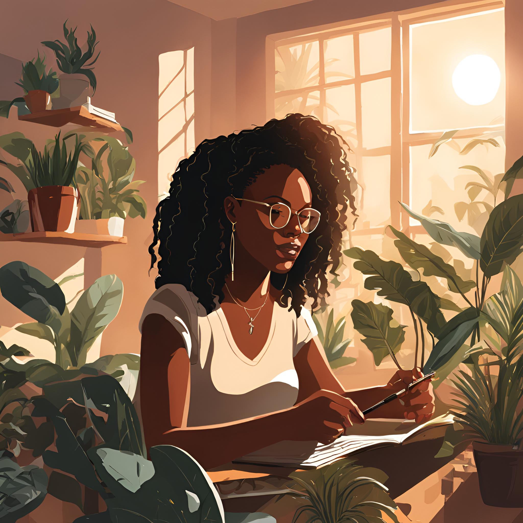 An AI generated image from Canva showing a black woman with glasses writing on her desk surrounded by plants.