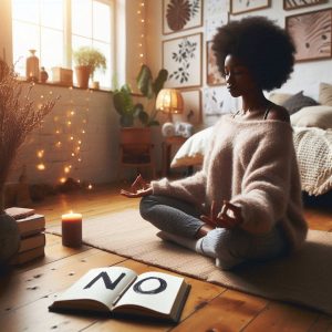 an image by dall-e 3 of a black woman with an afro meditating with a candle prioritising herself. With an open book that says No which is powerful.