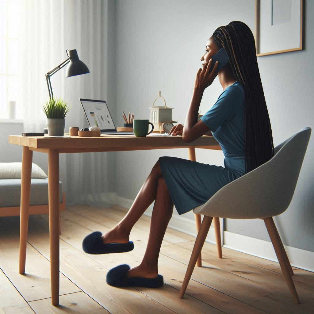 an ai image by dall-e 3 of a black woman sitting in her office talking to clients. She is wearing a blue dress with slippers.