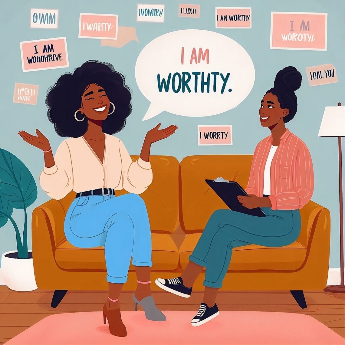 an illustration created by ai of a black woman therapist adn her client smiling saying I'm worthy.