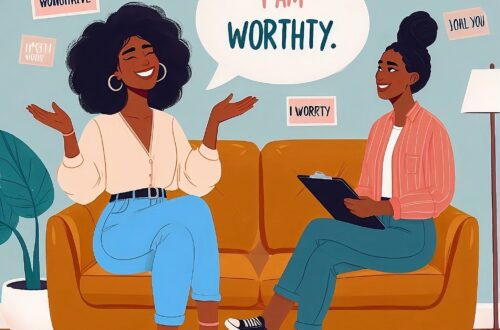 an illustration created by ai of a black woman therapist adn her client smiling saying I'm worthy.
