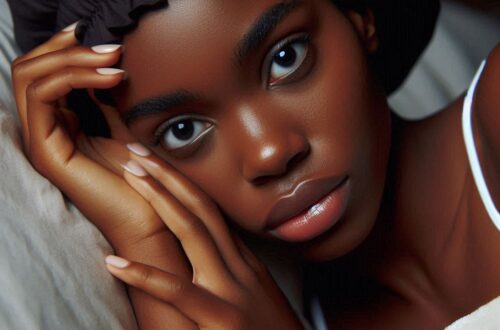 An AI image by dall-e 3 of a black woman lying awake wearing her bonnet.