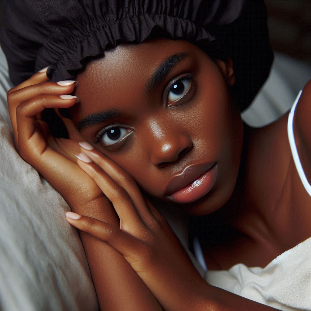An AI image by dall-e 3 of a black woman lying awake wearing her bonnet.